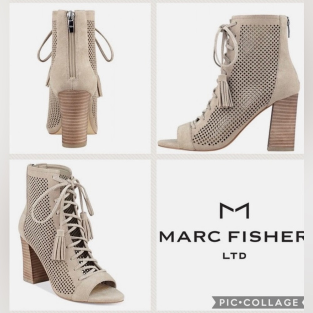 Marc Fisher Shaini Beige Suede Lace Up Open Toe Bootie Size 9